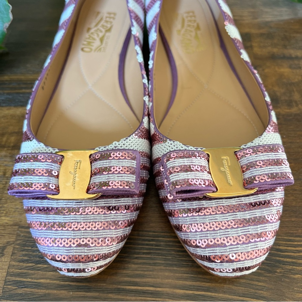 NEW! Salvatore Ferragamo $850 Varina Pink/White Sequin Vara Bow Flats 9.5B - Picture 4 of 12